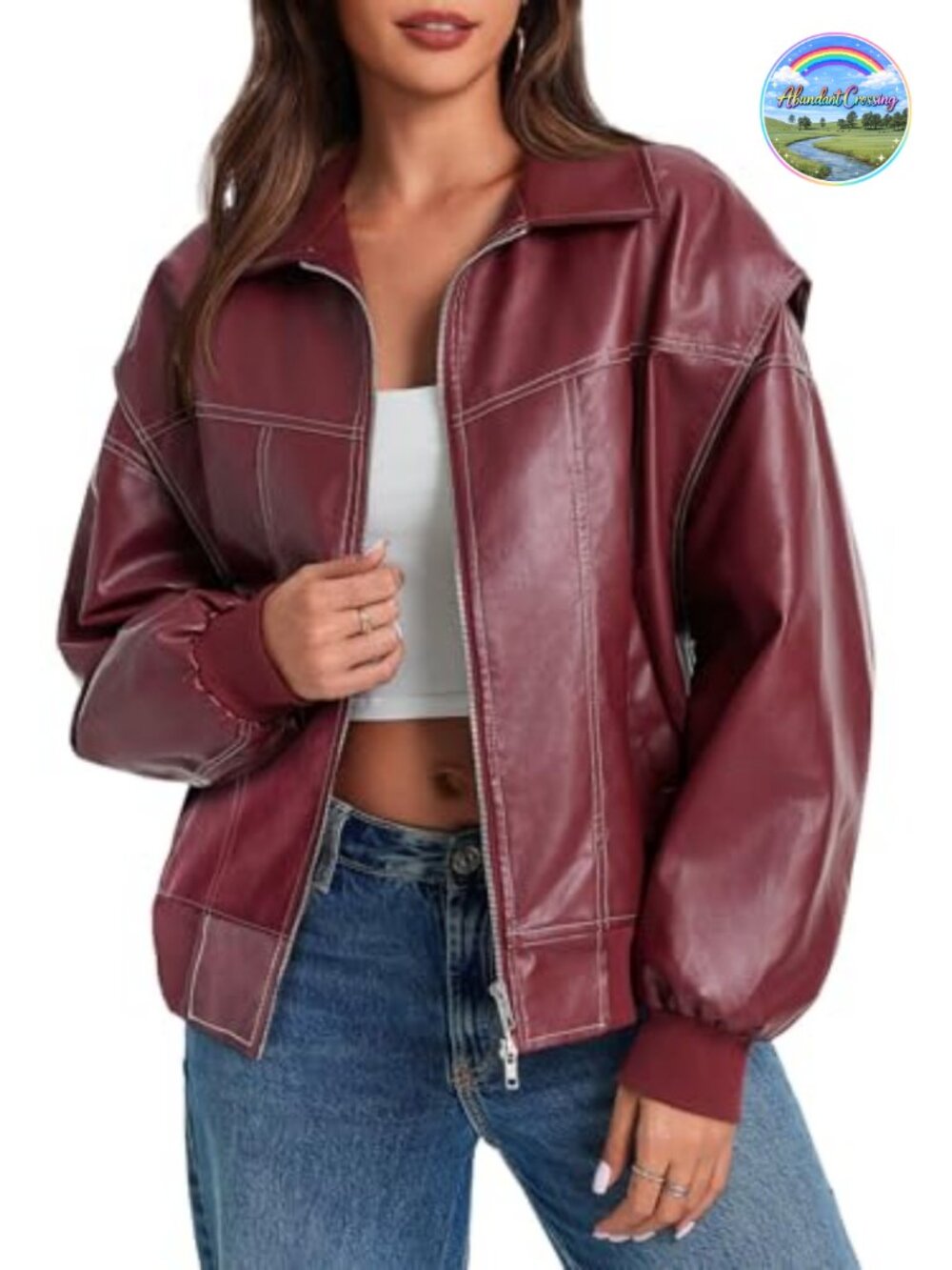 Womens Oversized Leather Bomber Jacket Zip Up Moto Coat Faux Leather